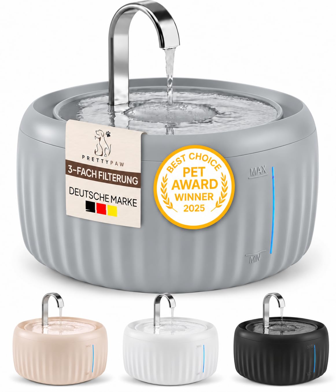 Pretty Paw Katzenbrunnen 3L mit leiser Pumpe, Grau - Aqua Flow