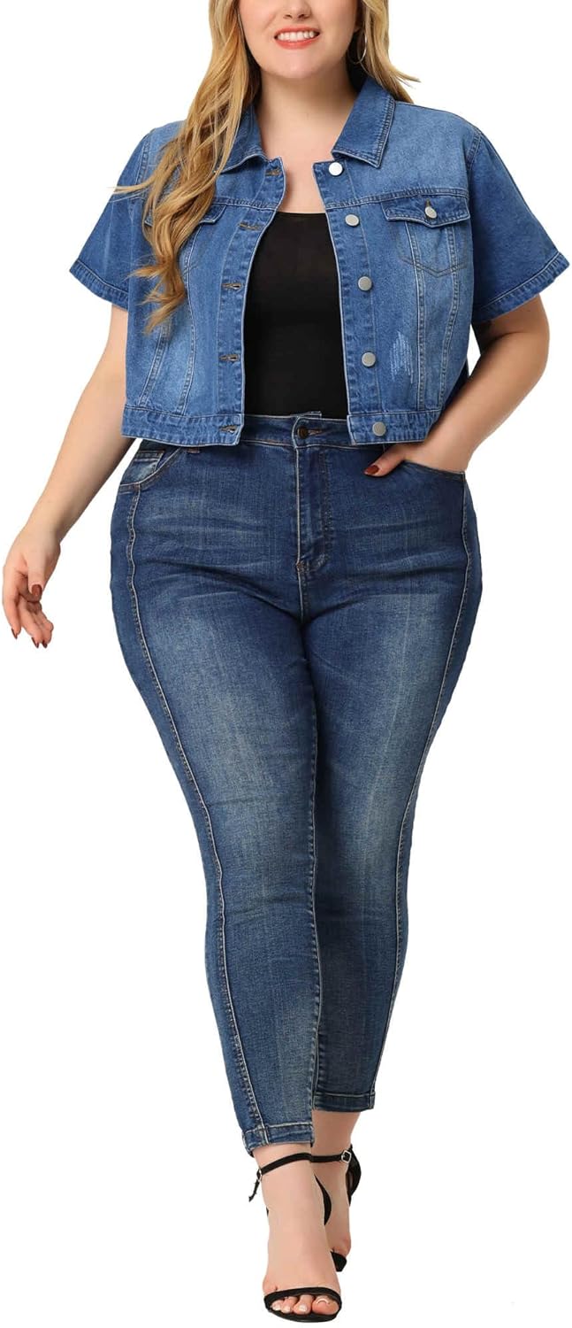 Agnes Orinda Plus Size Denim Jacket for Women Short Sleeves Button Down Cropped Jean Jackets - Image 2