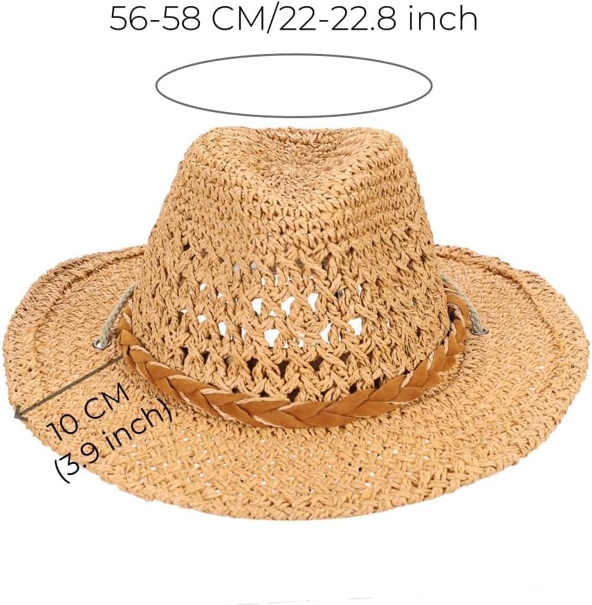Straw Cowboy Hat for Women Men Wide Brim Sun Beach Hat with Chin Strap Breathable Western Cowgirl Cap for Outdoor Travel - Image 6