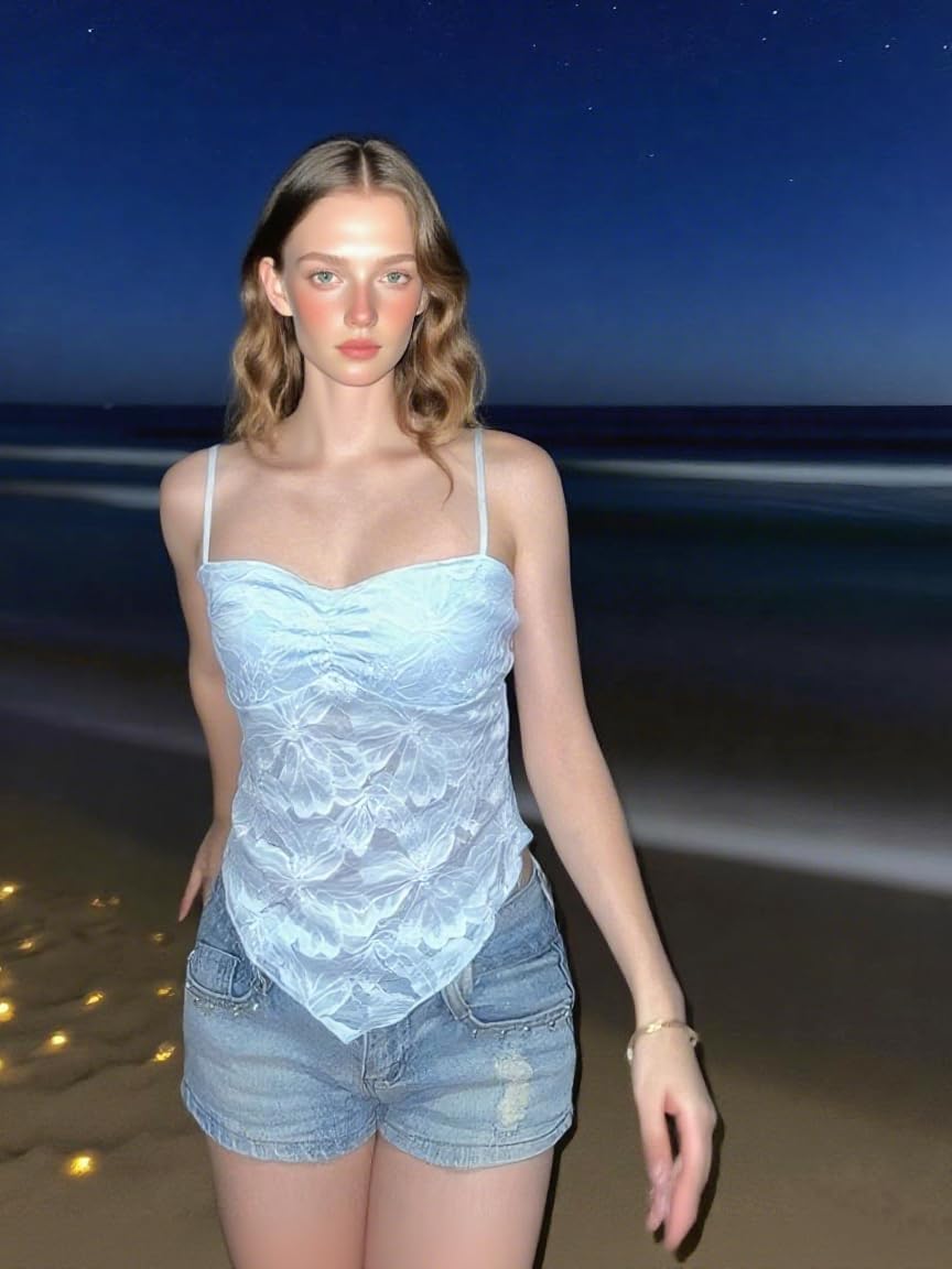 Women Y2k Solid Crop Tank Tops Fairy Irregular Hem Sleeveless Camisole Lace Spaghetti Strap Cami Top - Image 5