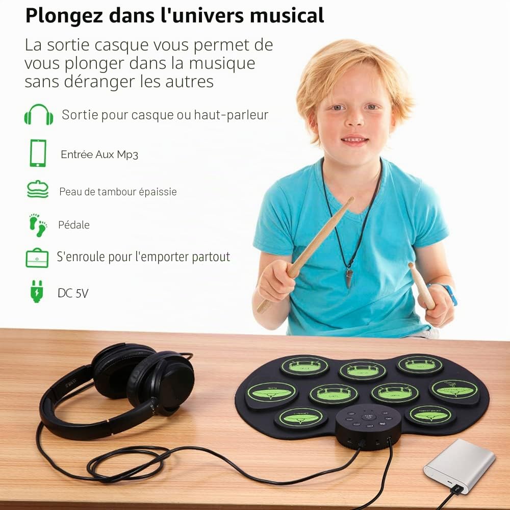 Btuty Ensemble De Batterie électronique - Kit De Batterie D'entraînement NuméRique Sensible Au Toucher 9 Pads De Batterie 2 Pédales (Sans Haut-Parleurs)