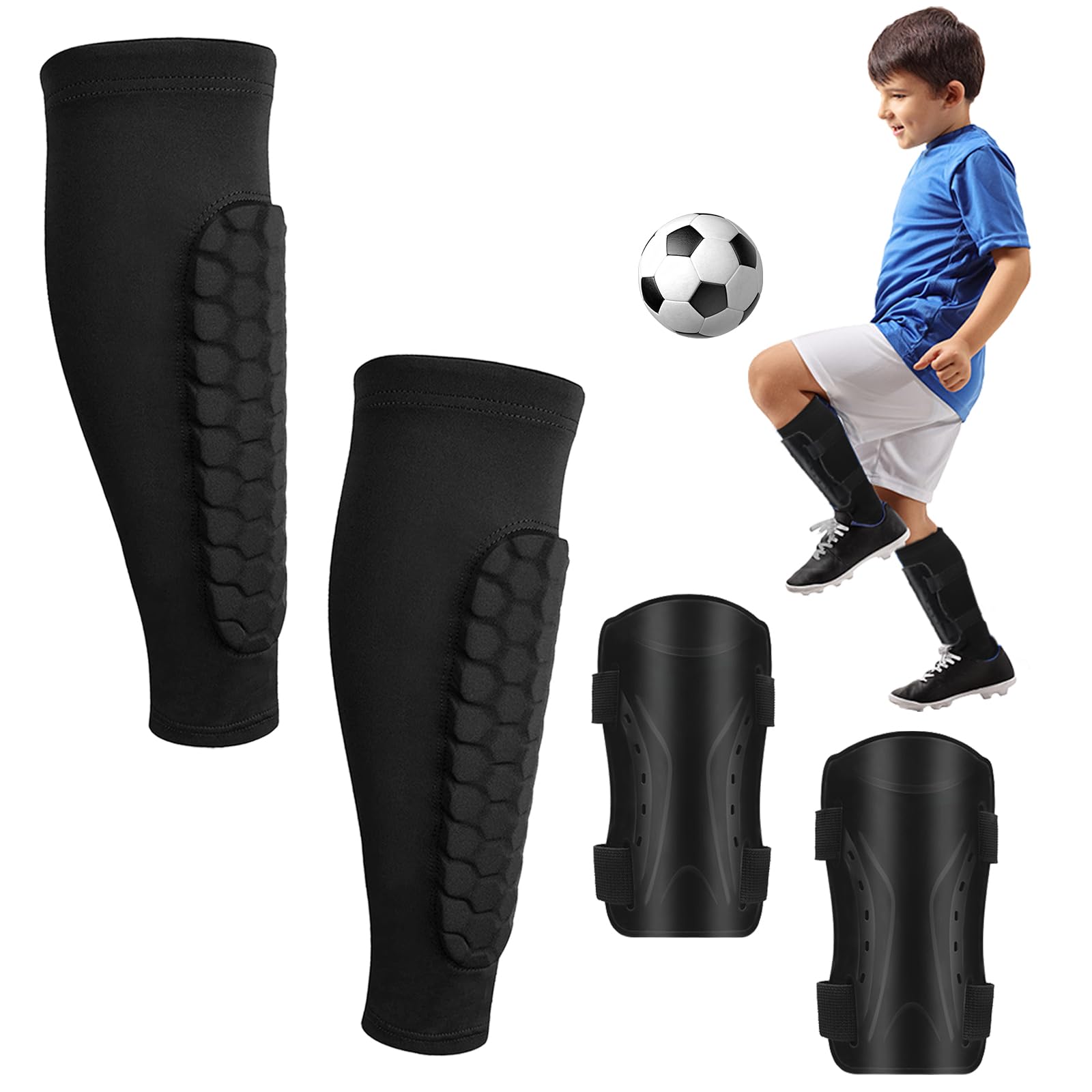 Parastinchi da calcio per bambini e ragazzi, parastinchi per bambini, a compressione, con cuscinetti a nido d'ape + parastinchi rigidi con cinghie regolabili, per allenamento e giochi di calcio