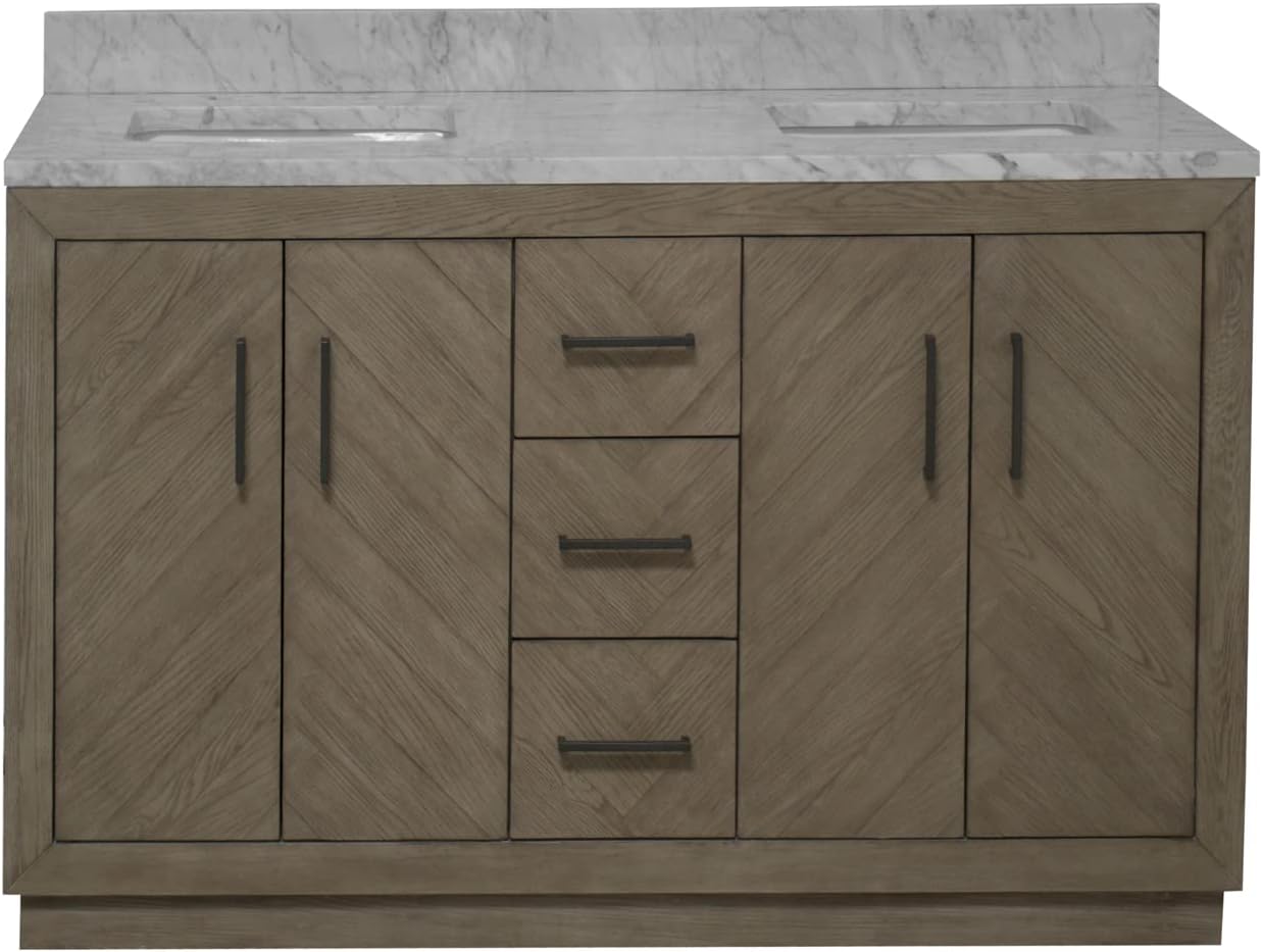 Kitchen Bath Collection Peyton 60-inch Double Bathroom Vanity (Carrara/Gray Oak): Includes Gray Oak Cabinet with Stunning Carrara Marble Countertop and White Ceramic Sinks