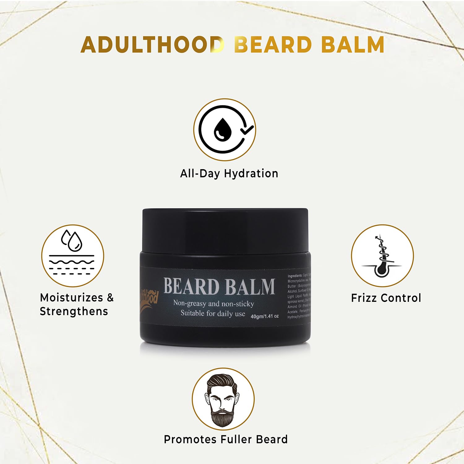 Adulthood Beard Balm For Hair Growth, Beard Growth, Hair Smoothening & Straightening | All skin types | Non-greasy and non-sticky Suitable for daily use | All Natural | Vegan Friendly | Organic Oils and Butters | (Pack Of 1, 40gm) 2