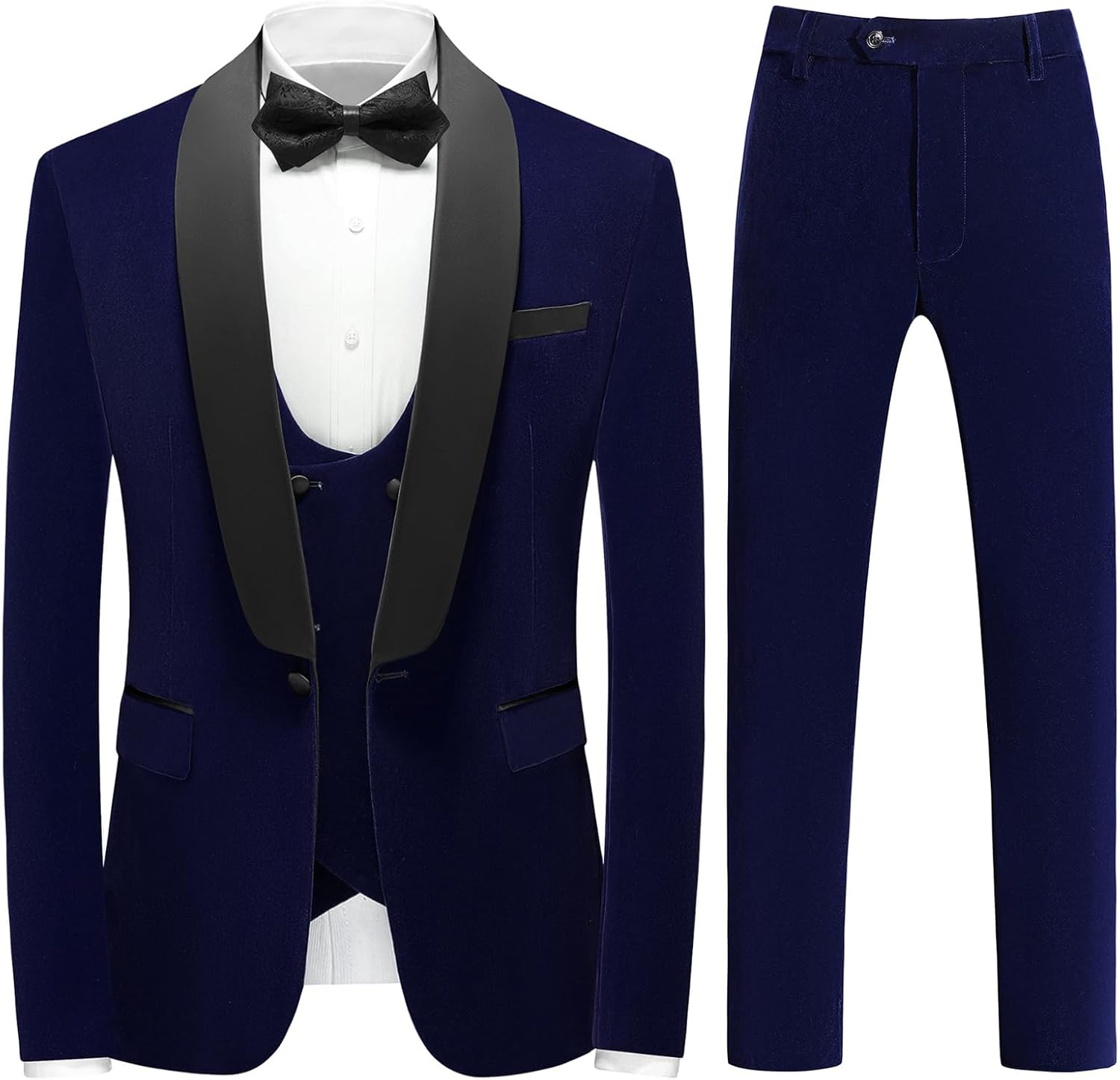 Mens 3 piece velvet slim fit suit tuxedo suits shawl collar one b…
