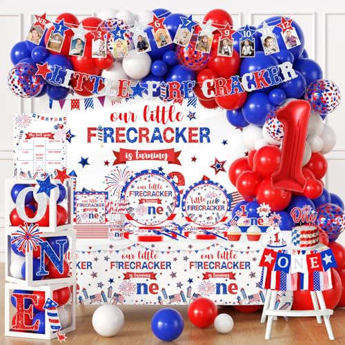 4th of July Birthday Decorations Little Firecracker First Birthday Party Supplies Plates Napkins Backdrop Balloon Box Cake Topper Tablecloth for Baby Shower Memorial Day Independence Day Decorations