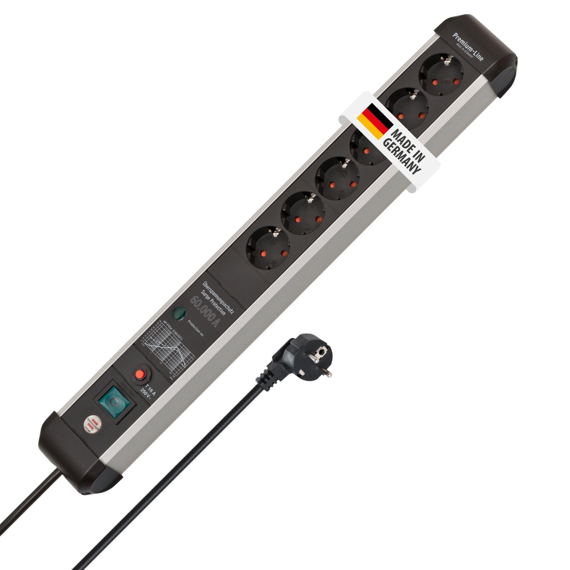 Brennenstuhl Premium-Protect-Line regleta enchufes de 6 Tomas con protección contra sobretensiones de 60.000 A (Cable de 3 m, Interruptor, protección antirayos, Fabricado en Alemania) Plateado/Negro