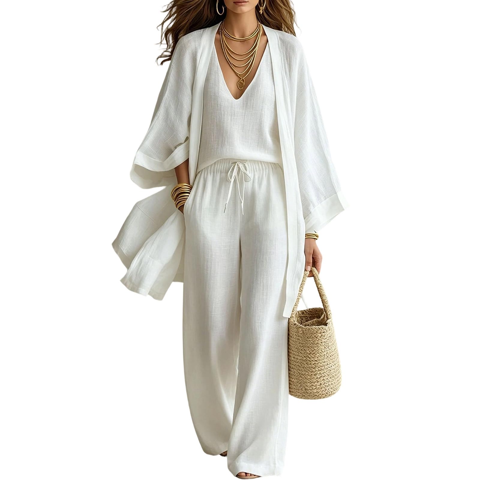 Hosenanzug Damen Musselinanzug Sommer Hausanzug Einfarbig Sommeranzug Elastisch Bund Hose Leinenanzug Frauen 2 Teiler Lässig Loungewear Bequem Jogginganzug Baggy Streetwear Für Büro Reisen
