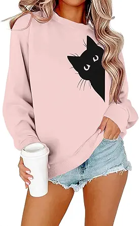 FRYAID Women’s Black Cat Graphic Sweatshirt Casual Long Sleeve Pullover