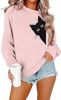 FRYAID Cat Sweatshirt Women Funny Black Cat Graphic Sweater Casual Cat Crewneck Holiday Long