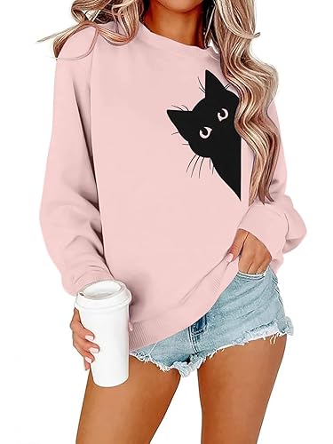 FRYAID Cat Sweatshirt Women Funny Black Cat Graphic Sweater Casual