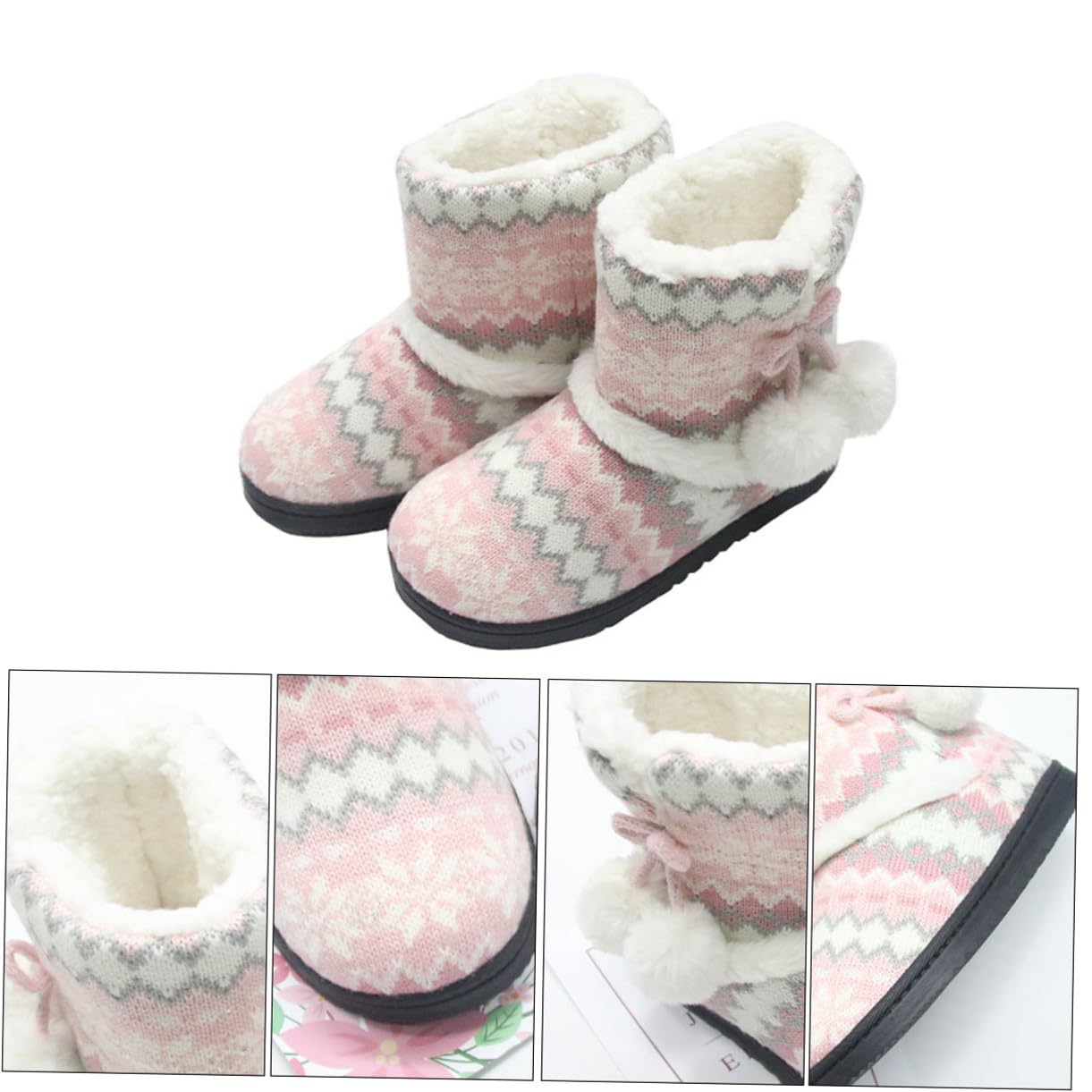 Hohopeti Botas de Invierno para Mujer Zapatillas de Casa con Antideslizante y Forro de Felpa Pantuflas de Algodón Cálidas y Cómodas con Decoración de Bola de Peluche Rosa