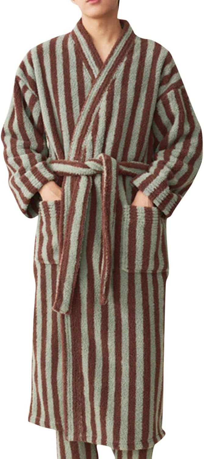 Cambkatl Men's Striped Fleece Robe, Fashion Colorblock Plush Bathrobe, Warm Winter Comfy Fuzzy Lounge Sleepwear