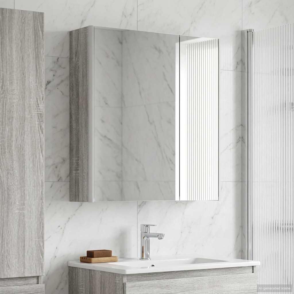 Sonoma szafka łazienkowa z lustrem szara, 63,5 x 15,5 x 70 cm, materiał drewnopochodny z oświetleniem LED, montaż na ścianie, regulowane półki i miejsce do przechowywania mebli łazienkowych