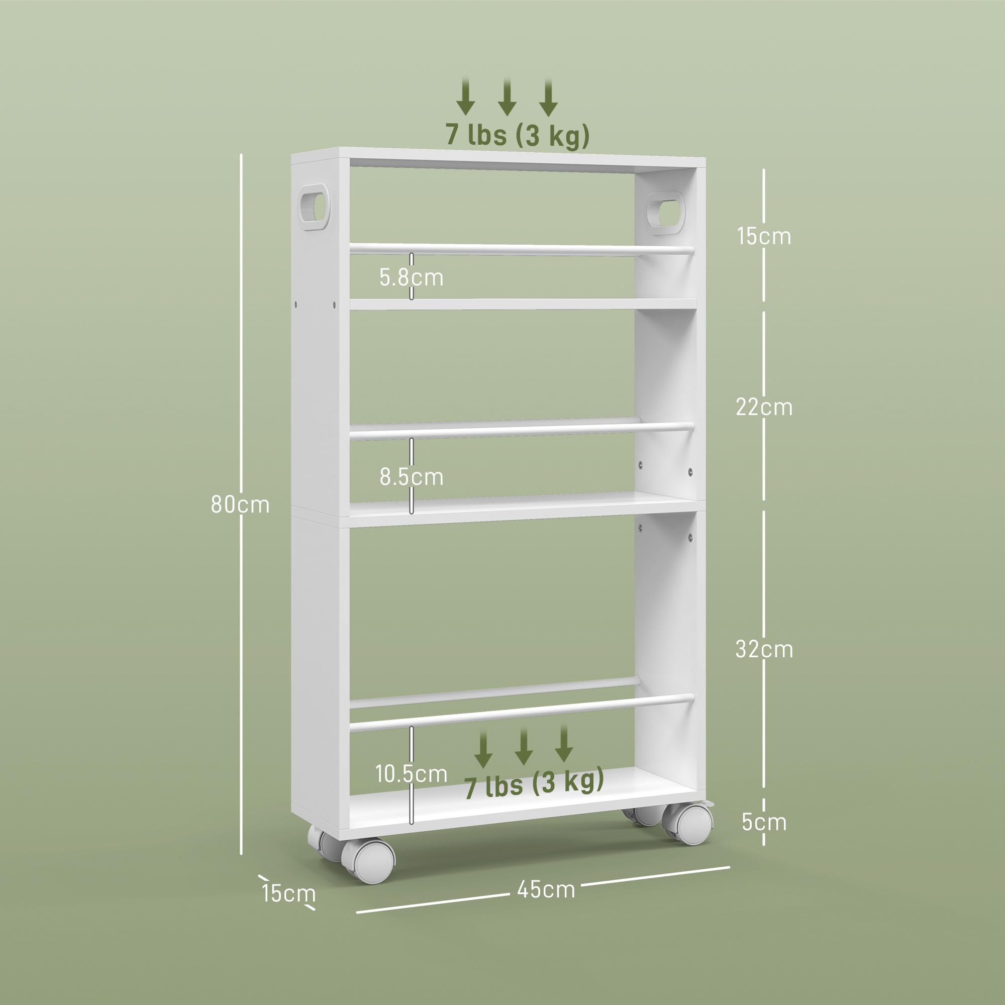 HOMCOM Carrello da Cucina Salvaspazio 3 Livelli, Barre Laterali, Bianco | Carrello Portaoggetti da Cucina o Bagno Compatto, 4 Ruote e 2 Freni, Scaffale Stretto in Legno e Acciaio