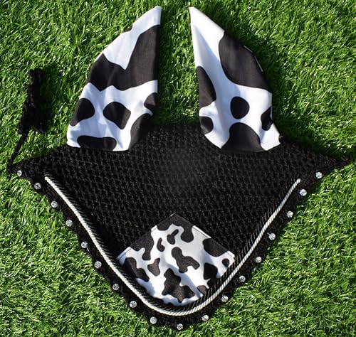 Cow Print Horse Ear Bonnet Ear Net Fly Veil Hood Mask Crochet Polyester Equestrian Fancy Wear Full/Cob/Pony (Horse/Full, Black)