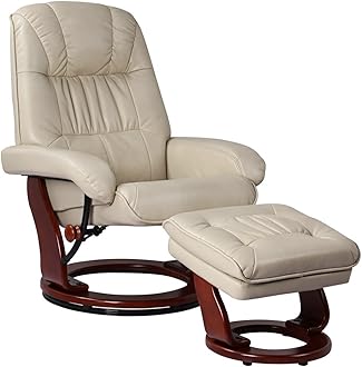 Benchmaster Kyle Taupe Swivel Faux Leather Recliner with Ottoman Chair Modern Armchair Ergonomic Push Manual Reclining Footrest Upholstered Bedroom Living Room Reading Home Relax Office