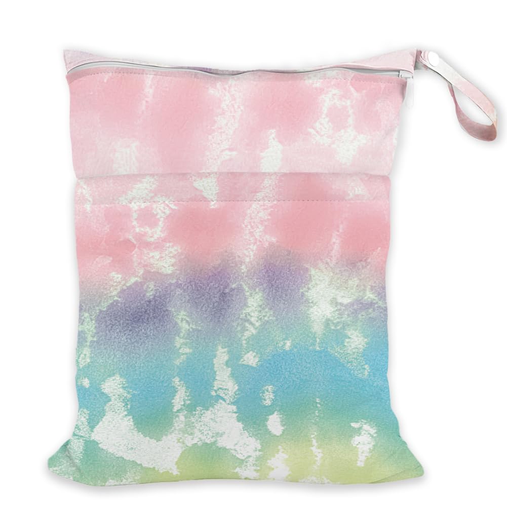 SUPERDANT Wet Dry Bag Tie Dye Waterproof Wet Bag Reusable Leakproof Watercolor Wet Clothes Bags with Zippered Pockets for Beach Pool Gym Swimsuits Sportswear Diapers 36x30cm