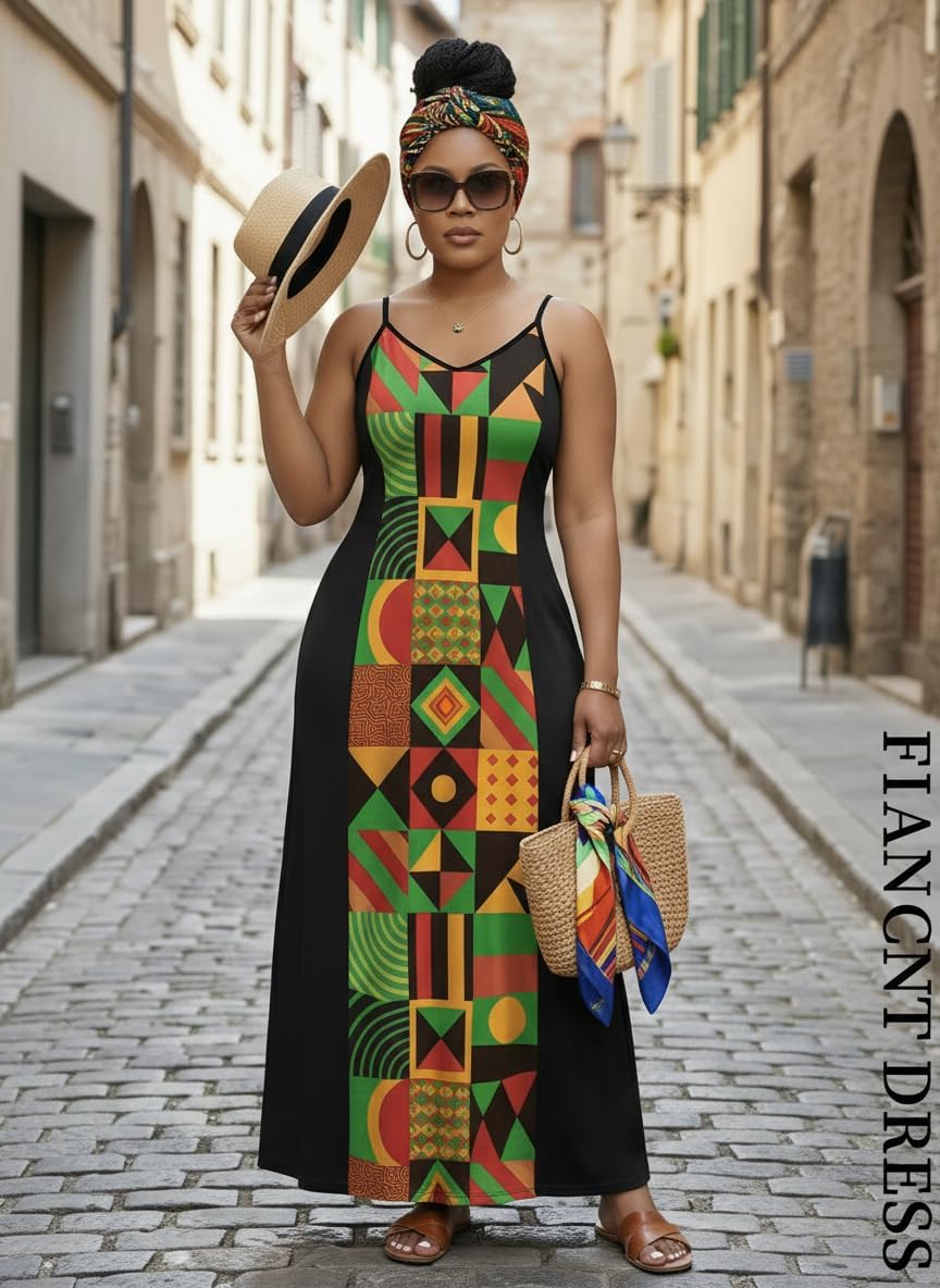 FANDEE Women’s Sundresses – Sleeveless Maxi Dress with Pockets, Adjustable Spaghetti Straps Long Summer Dress for Vacation