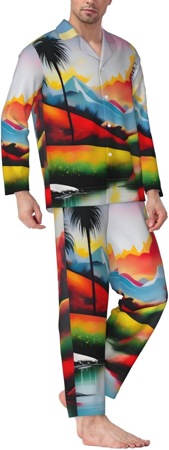 Landscape Painting Print Luxurious Mens Pajamas Set,Breathable Pajamas Set,Perfect For Lounging Bed,Sofa