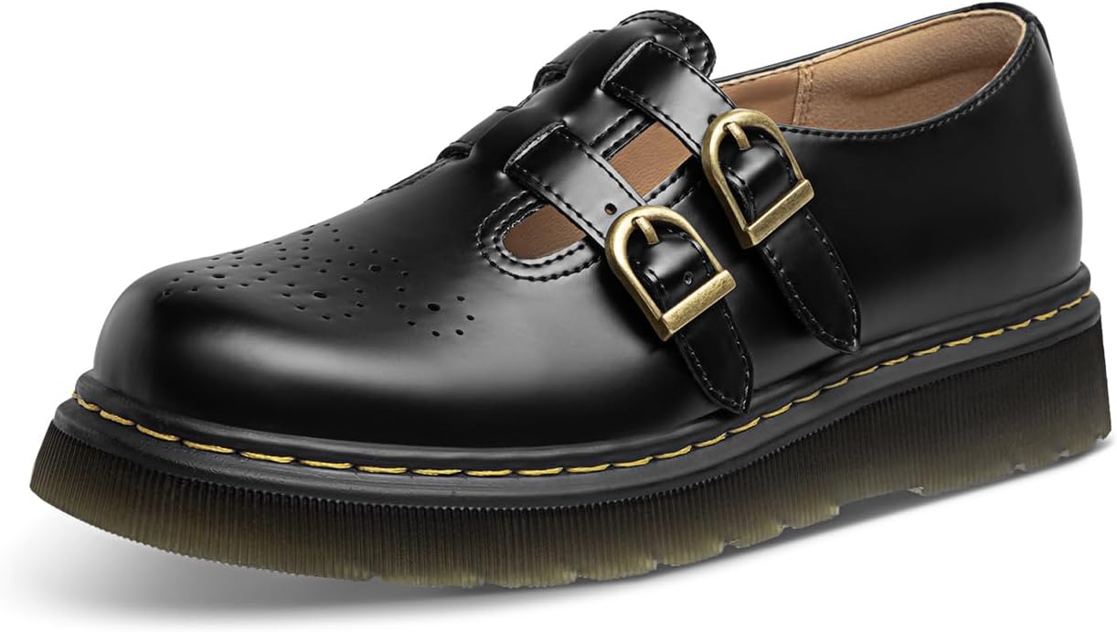 Athlefit Women's Mary Jane Flats Platform Round Toe Comfortable Dressy Adjustable School Office Work Flat Shoes
