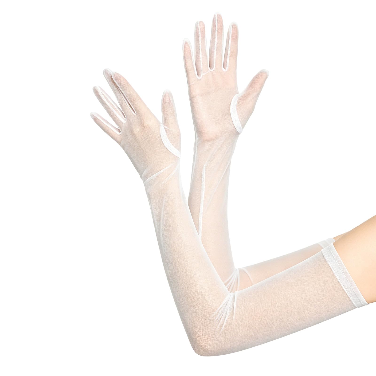 SUNTRADE Women's Long Sheer Gloves, Tulle Mesh, for Wedding, Opera, Tea Party, Dance, 1920s Style (White)