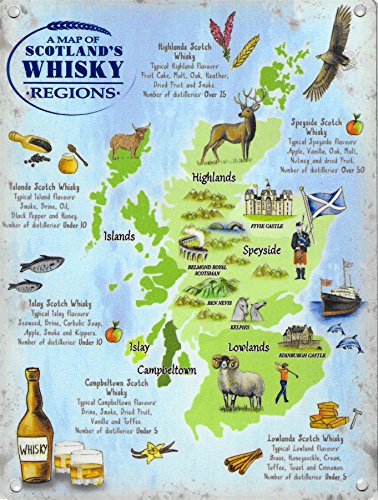 Grande plaque en métal émaillé avec carte des régions de whisky écossais 30 x 40 cm