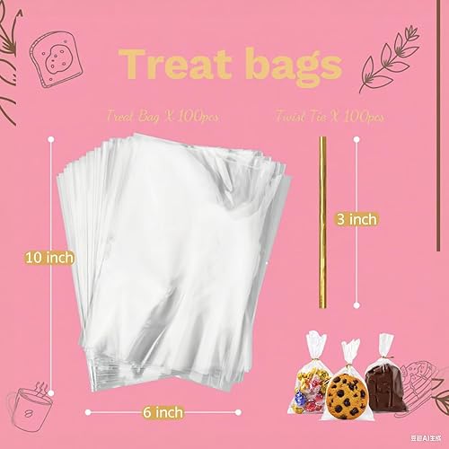 Miniatura 2 de Bolsa de celofán, 100 bolsas de golosinas de 6 x 10 pulgadas con lazos, bolsas de plástico transparente para embalaje, regalo, galletas, dulces,