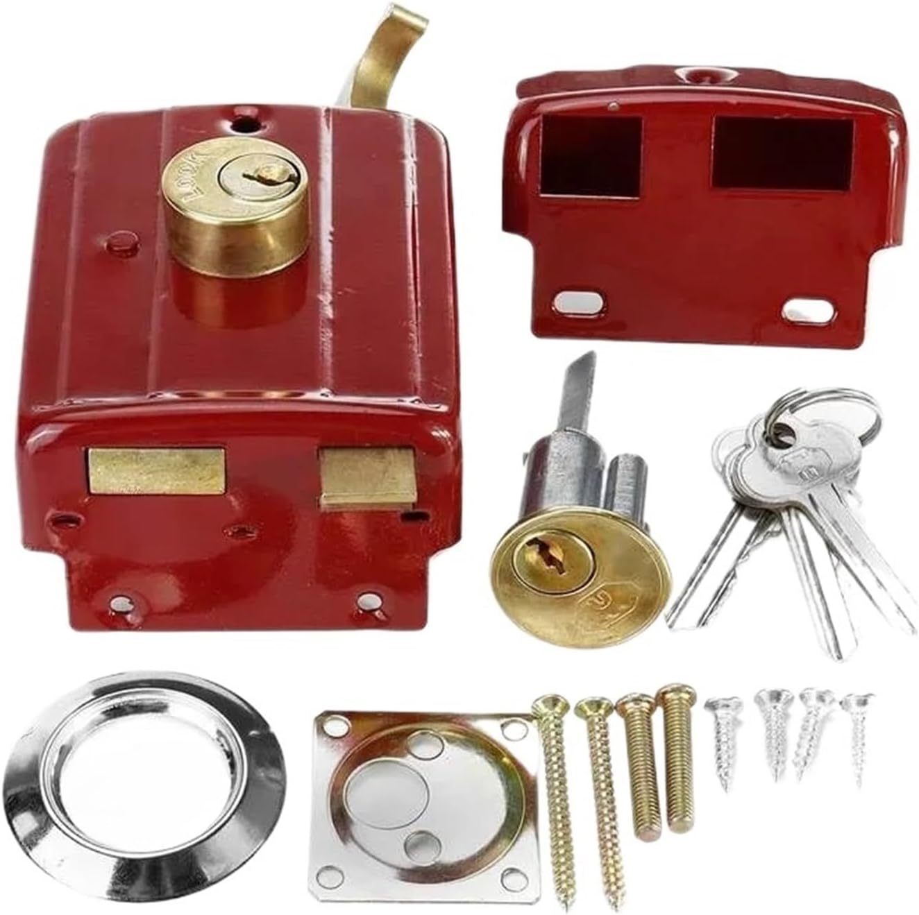 Cast Iron Anti-Theft Exterior Door Retro Red Locks Multiple Insurance Lock Wooden Security