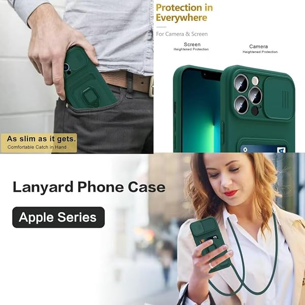 Cover Compatibile con iPhone 16 Pro Max, Cover con Cordino Tracolla, Slidable Fotocamera Protezione Custodia,Supporto,Slot Schede, Silicone Case (Verde) - 5