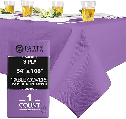 Miniatura 32 de PARTY BARGAINS Manteles de mesa desechables, 54 x 108 pulgadas, color rojo, 3 capas de papel y plástico, resistentes a derrames, 5 unidades