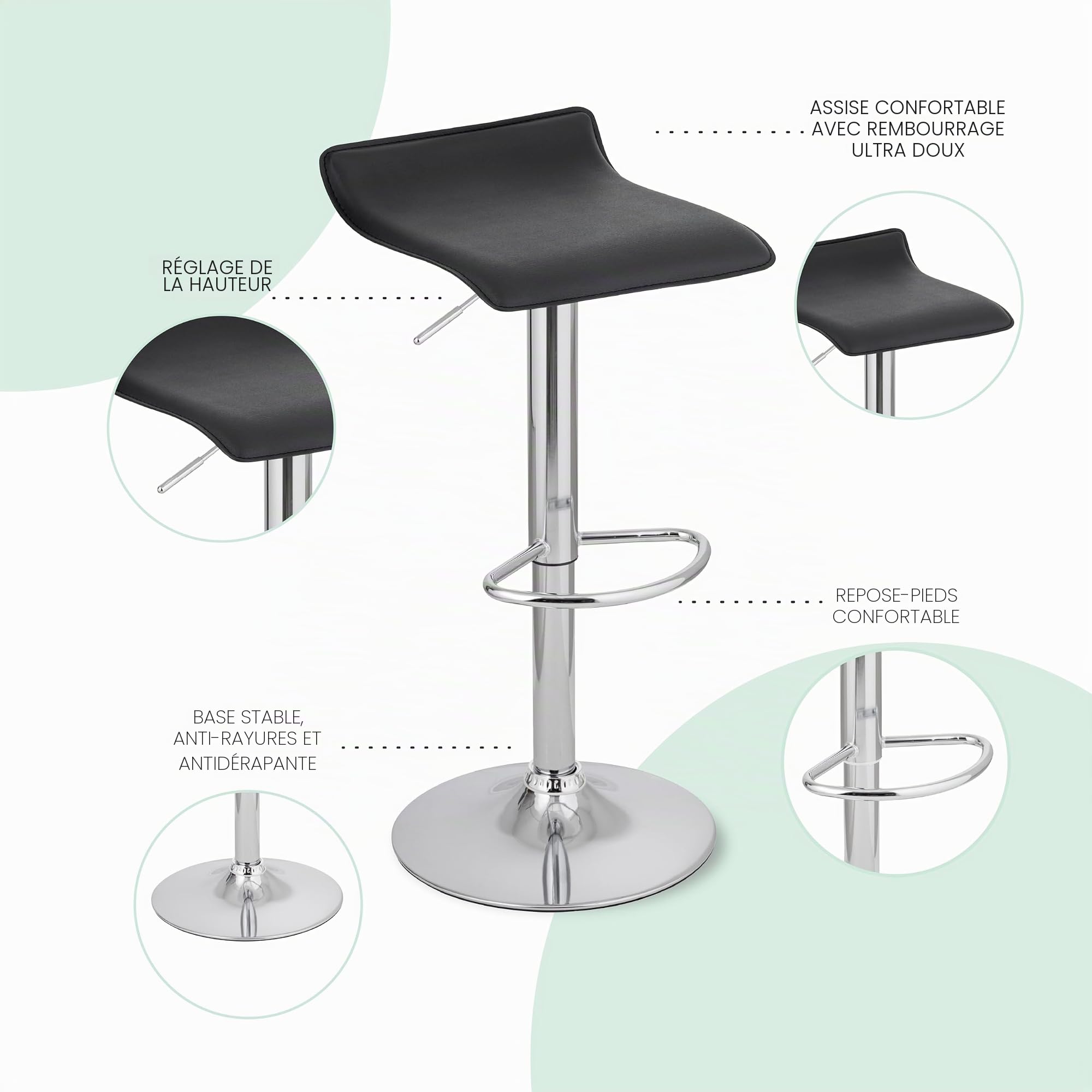 Baroni Home Tabouret de Bar Pivotant avec Hauteur Réglable, Base Chromée avec Repose-Pieds et Fond Anti-Rayures, Tabouret Cuisine et Péninsule, Facile à Installer, 38x45x59-79 cm, Noir 1 pièce
