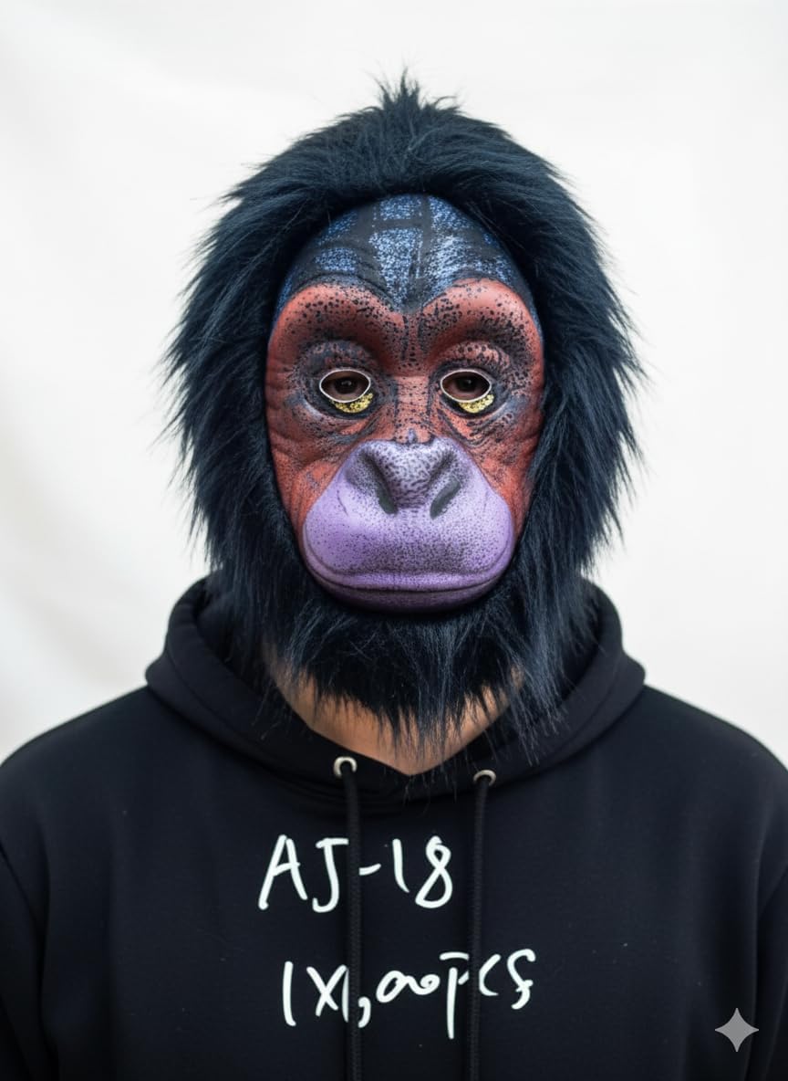Deluxe Gorilla Head Mask with Black Artificial Fur, Adult Size, Realistic Design for Halloween, Cosplay, Parties