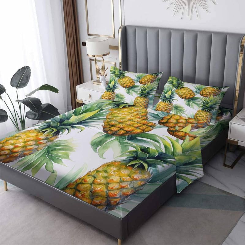 Juego de sábanas de piña tamaño King, sábanas y fundas de almohada de frutas, 100% microfibra, bolsillo profundo, incluye 1 sábana encimera, 1