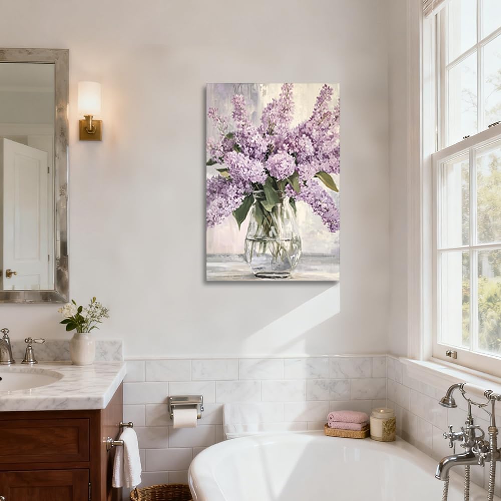 CGXLB Lilac Bouquet Wall Art Purple Lilac in Glass Vase Pictures Abstract Flower Canvas Print Spring Floral Still Life Decor for Living Room Bedroom 12"x18" image 5