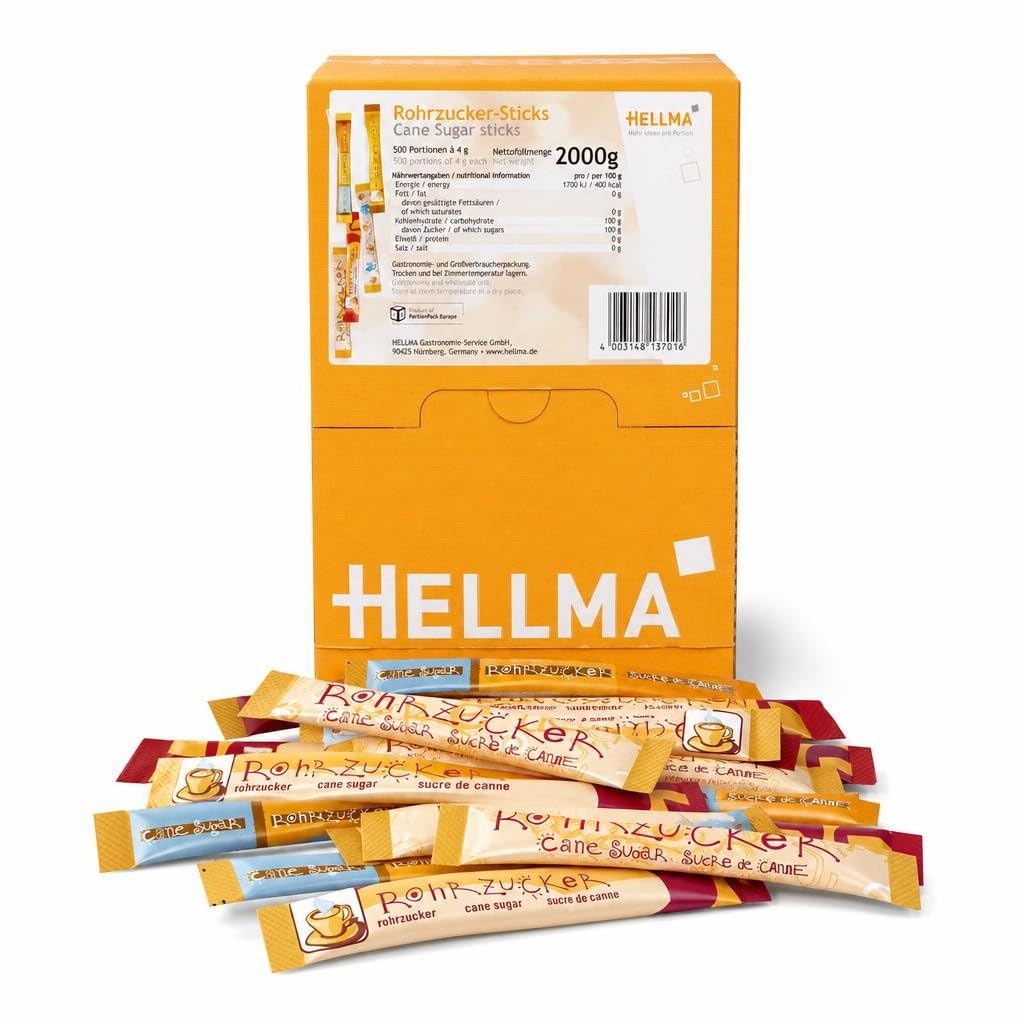 HELLMA Sticks de sucre de canne, dans pr‚sentoir emballage unitaire contenu: 500 piŠces de 4 g (40013701/ 60000084)