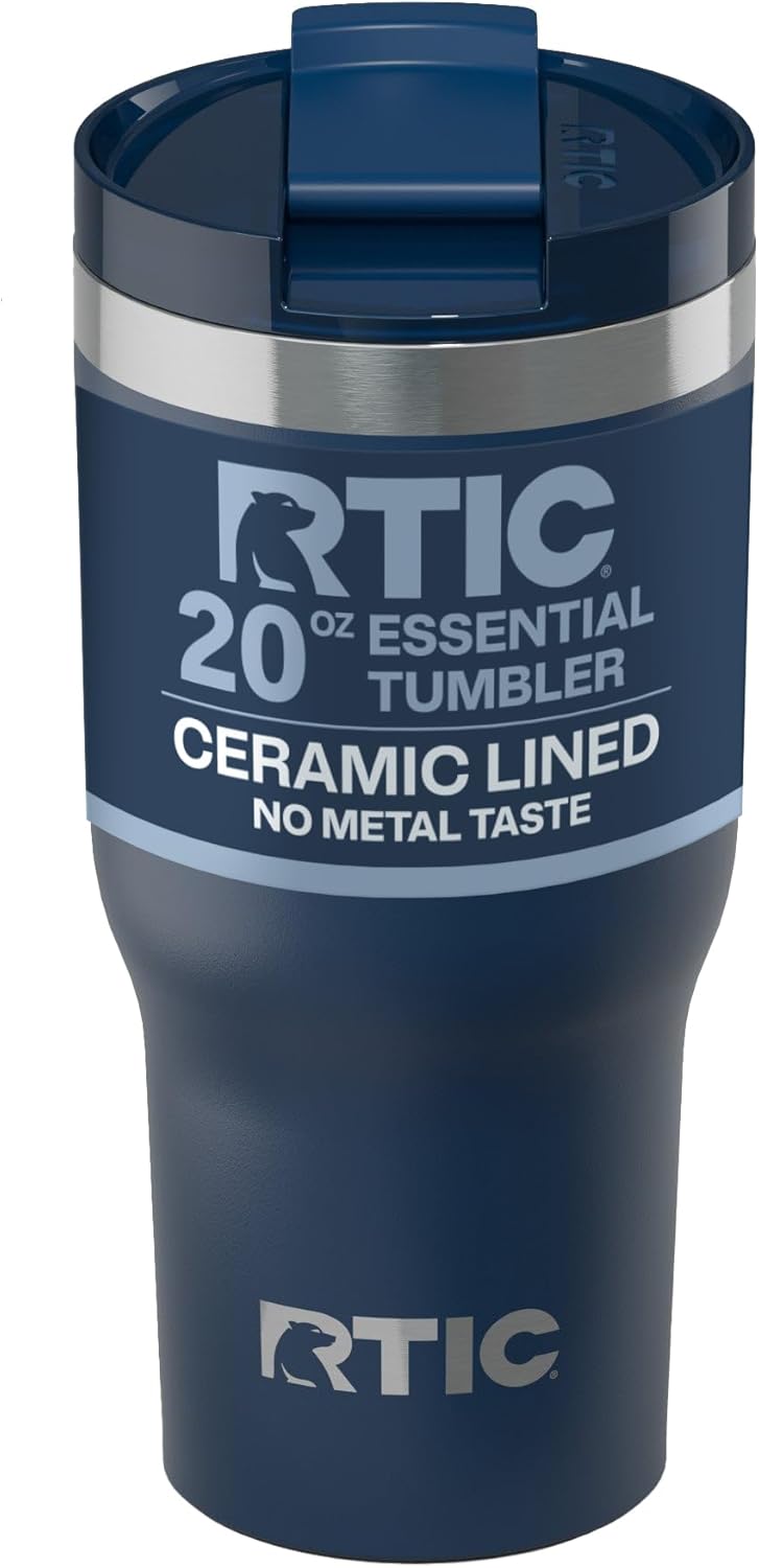 RTIC 20oz Essential Tumbler with Lid, Ceramic Lined, Insulated, Stainless Steel, Metal, Double Wall Vacuum-Insulation, Travel Cup for Iced Coffee, Tea, Hot and Cold Drink, Navy