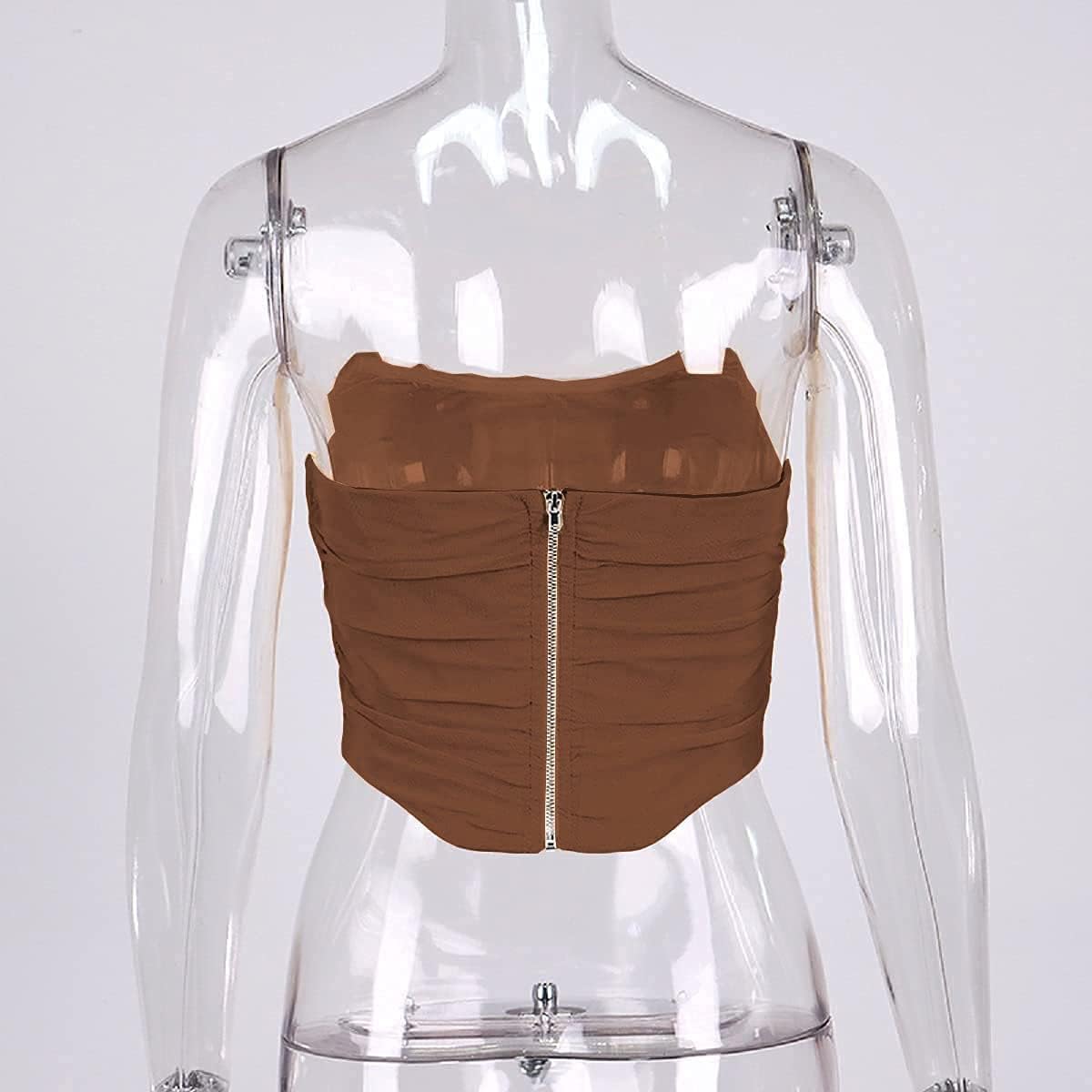 Women's Vintage Strapless Open Back Boned Mesh Bustier Zip Back Corset Bodyshaper Crop Top - Image 5