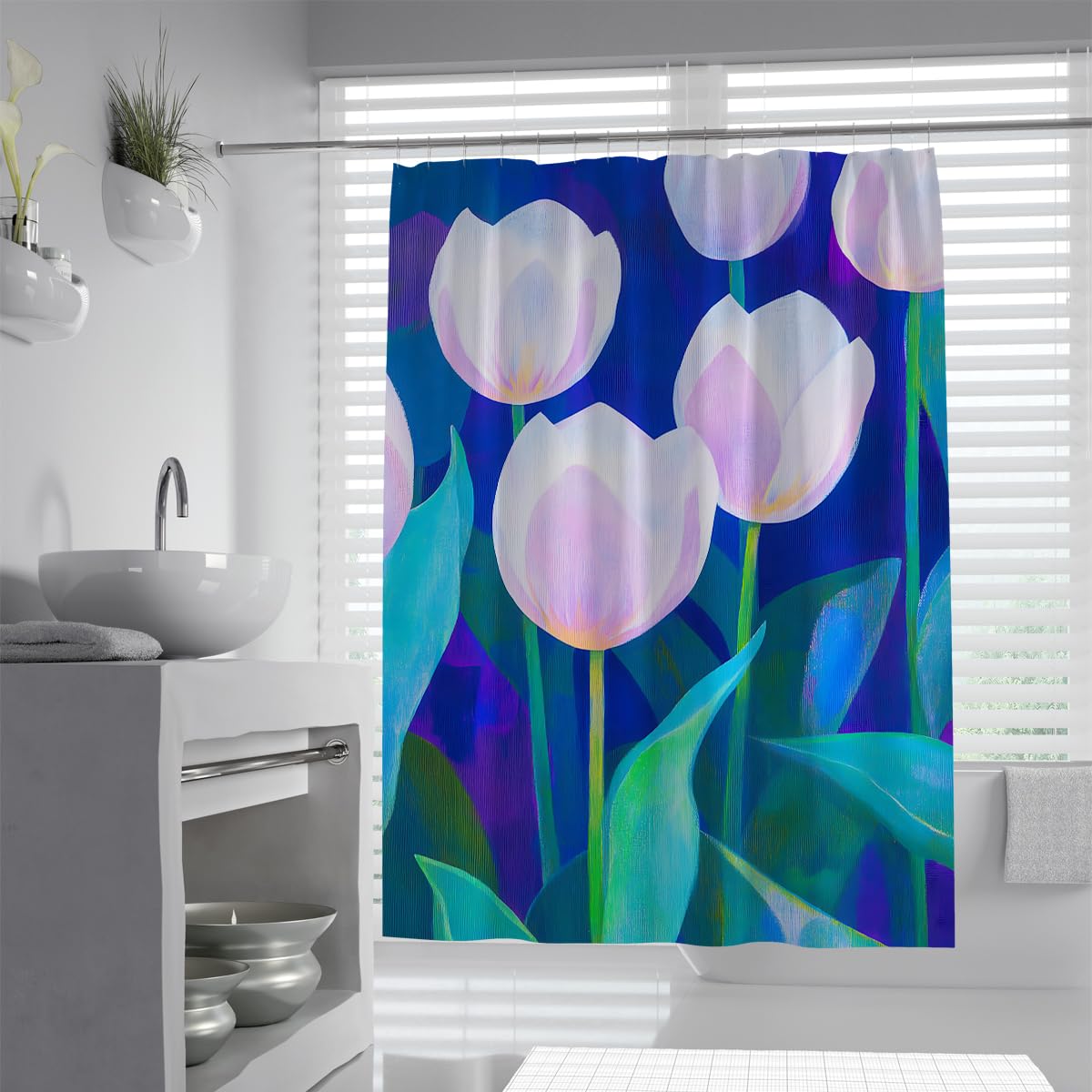UIRINGART Chic Abstract Tulip Shower Curtain W120xL180cm White Purple Flower Dark Blue Background Mildew Resistant Water Repellent Shower Screen With Hooks