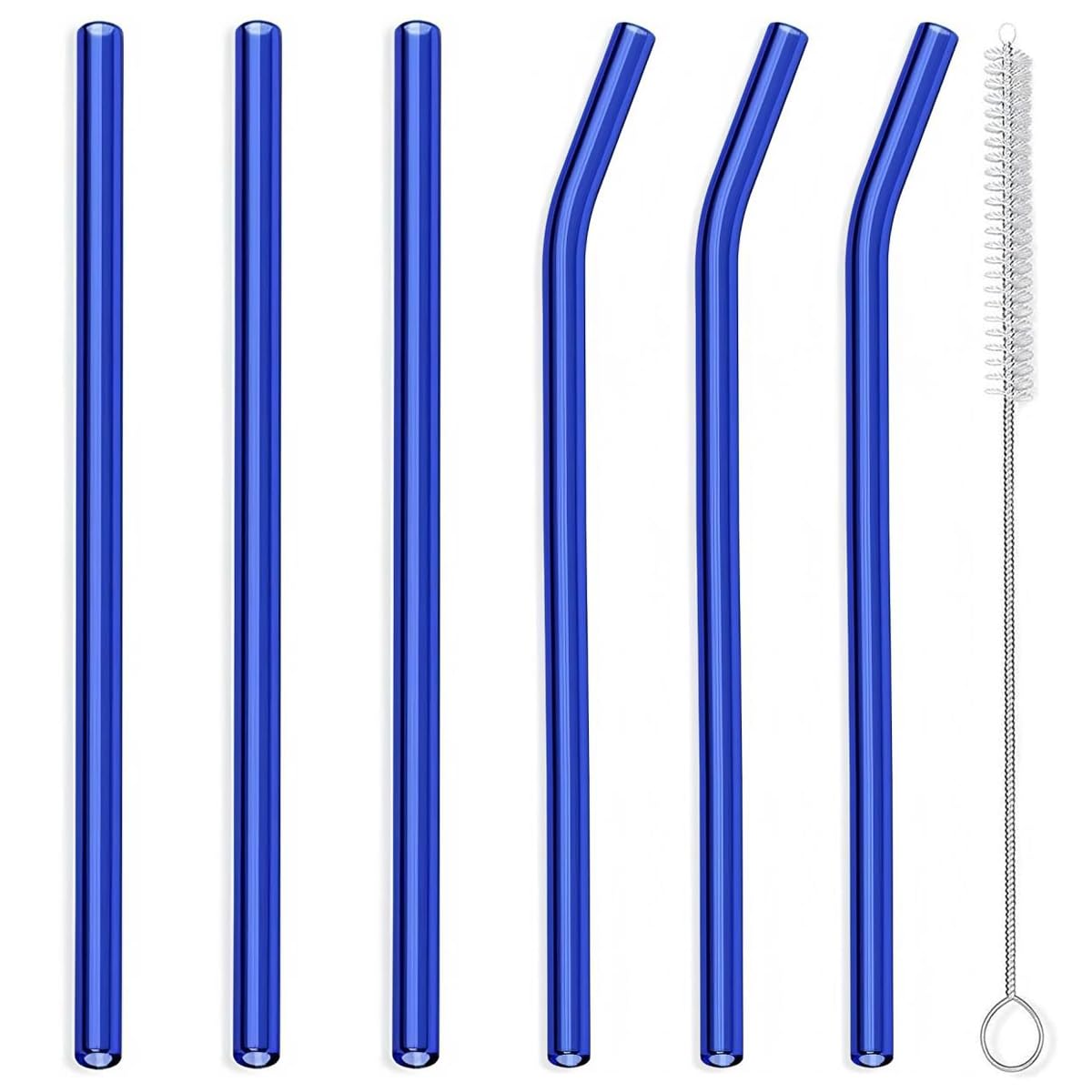 Reusable Glass Straws 6-Pack – 3 Straight & 3 Bent with Cleaning Brush, Eco-Friendly Drinking Straws for Smoothies, Juice, Water, Hot or Cold Drinks(Blue)