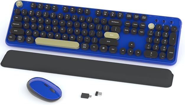 Links9+ Wireless Keyboard and Mouse Combos, Retro Keyboard and Mouse Wireless Full Size, 2.4Ghz Connection and Optical Mouse for Windows, Mac, PC, Laptop for Home and Office Jewel Blue-Black