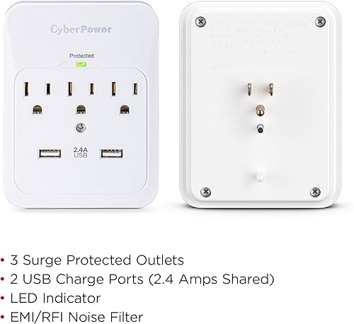 Miniatura 5 de CyberPower CSP300WUR1 protector de sobretensión, toma de 3 CA con 2 puertos de carga USB (2.1A) Paquete de 1 Blanco