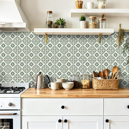 Azulejos Adhesivos Cocina Hojas Verdes Elegantes Azulejos Adhesivos Baño Impermeables Baldosas Adhesivas Pared para Gabinete Muebles Decoración Vinilo Adhesivo Pared Cocina 20x20cm /24 Piezas