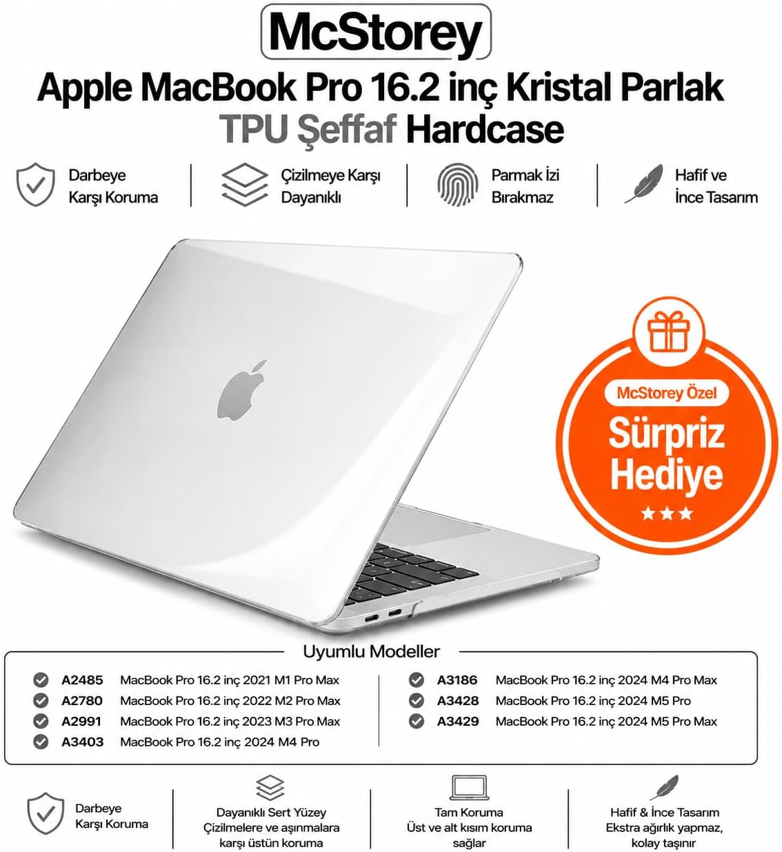 McStorey MacBook Pro 16.2 İnç Kılıf A2485 A2780 A2991 A3403 A3186 A3428 A3429 Uyumlu Kristal Parlak Şeffaf Sert Kapak İnce Hafif Koruyucu Crystal Clear Hard Case
