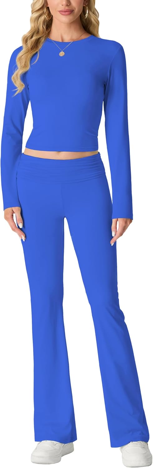 IWOLLENCE Women's Jogging Suit Set, Lounge Set, 2-Piece Sports Suit, Women's Y2K Outfit, Homewear with Crop Top and Flared Trousers Small blue. XL