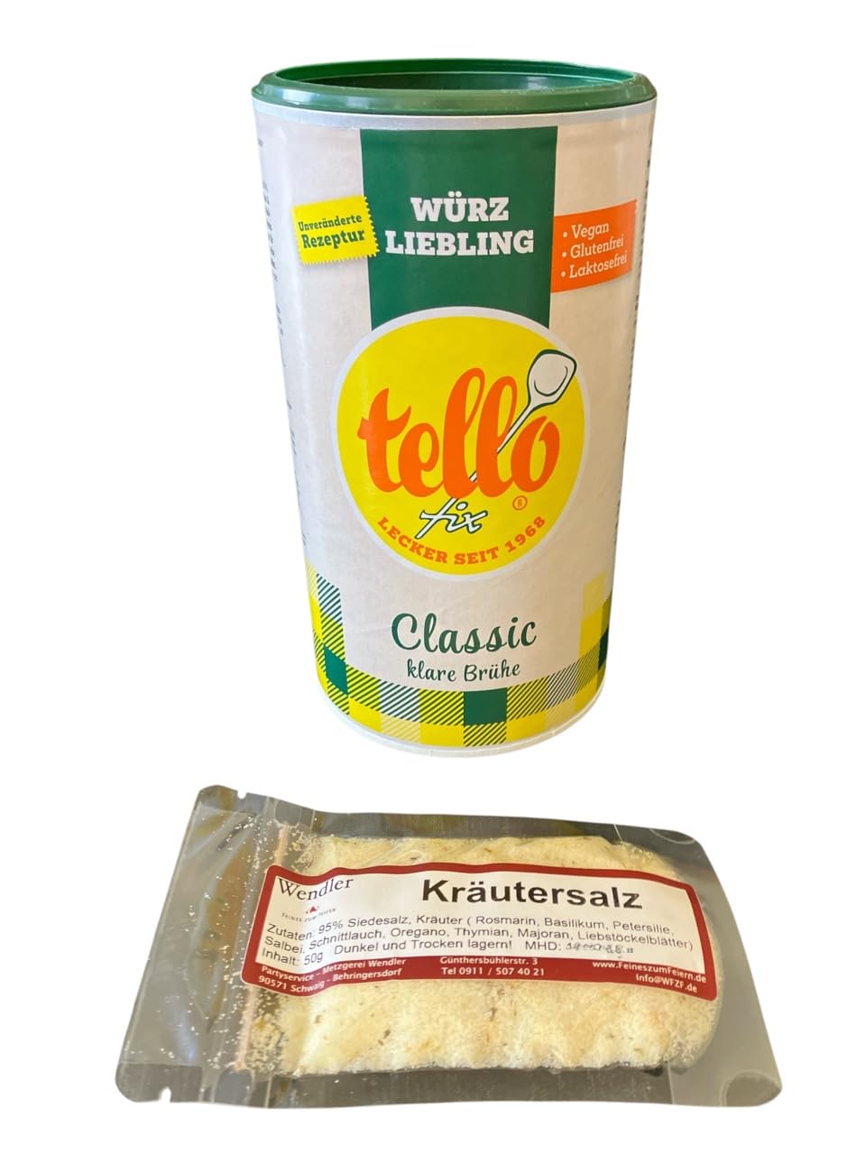 Tello fix Classic klare Brühe 9er-Pack (9x900g = 8,1 kg) rein pflanzlich, vegan, lactosefrei und 50g Wendlers Kräutersalz