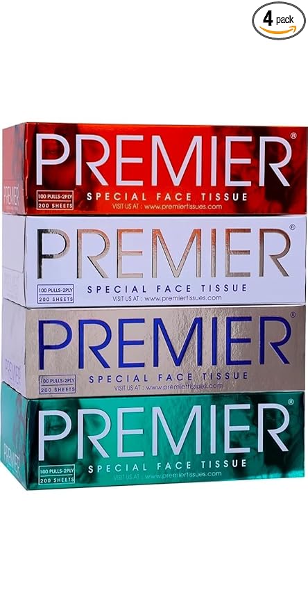 Premier Box Face Tissue 100 PULLS 2PLY(Pack of 4=400 Pulls ,800 Sheets)