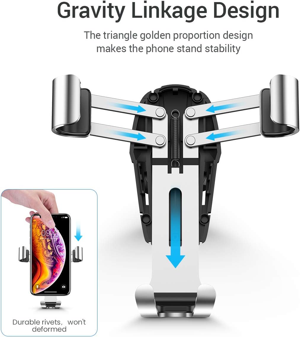 AINOPE Cell Phone Holder for Car, Gravity Car Phone Mount Auto-Clamping Air Vent Car Phone Holder Universal Car Phone Mount Compatible iPhone Xs MAX/X/XR/8/7, Galaxy Note 9/S10 Plus/S9 - Silver (Divi)