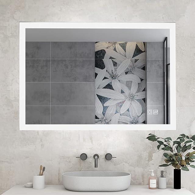 MIQU Bathroom Mirror 600 x 500 mm with LED Light, Rectangular Large Illuminated Wall Mounted Makeup Mirror with 3 Colors Light & Anti-Fog for Bath,Bedroom,Hallway,Living Room