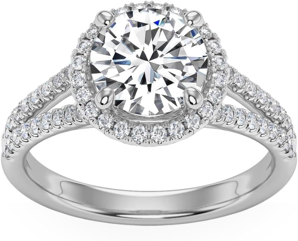 Pompeii 3Ct Halo Diamond Engagement Ring Split Band White, Yellow or Rose Gold Lab Grown (((G-H)),VS(2)-SI(1))